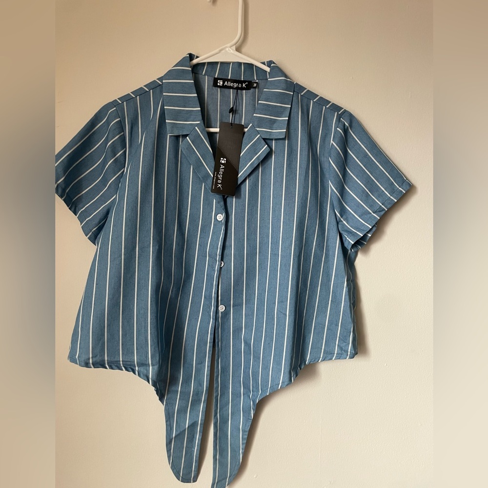 Allegra K Women's Striped Button Up Collar Top Short Sleeve Tie Front Crop Shirt